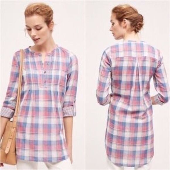 Anthropologie Tops - (BOGO FREE) Anthropologie Holding Horses Pink Plaid Gauze Top Shirt sz 2